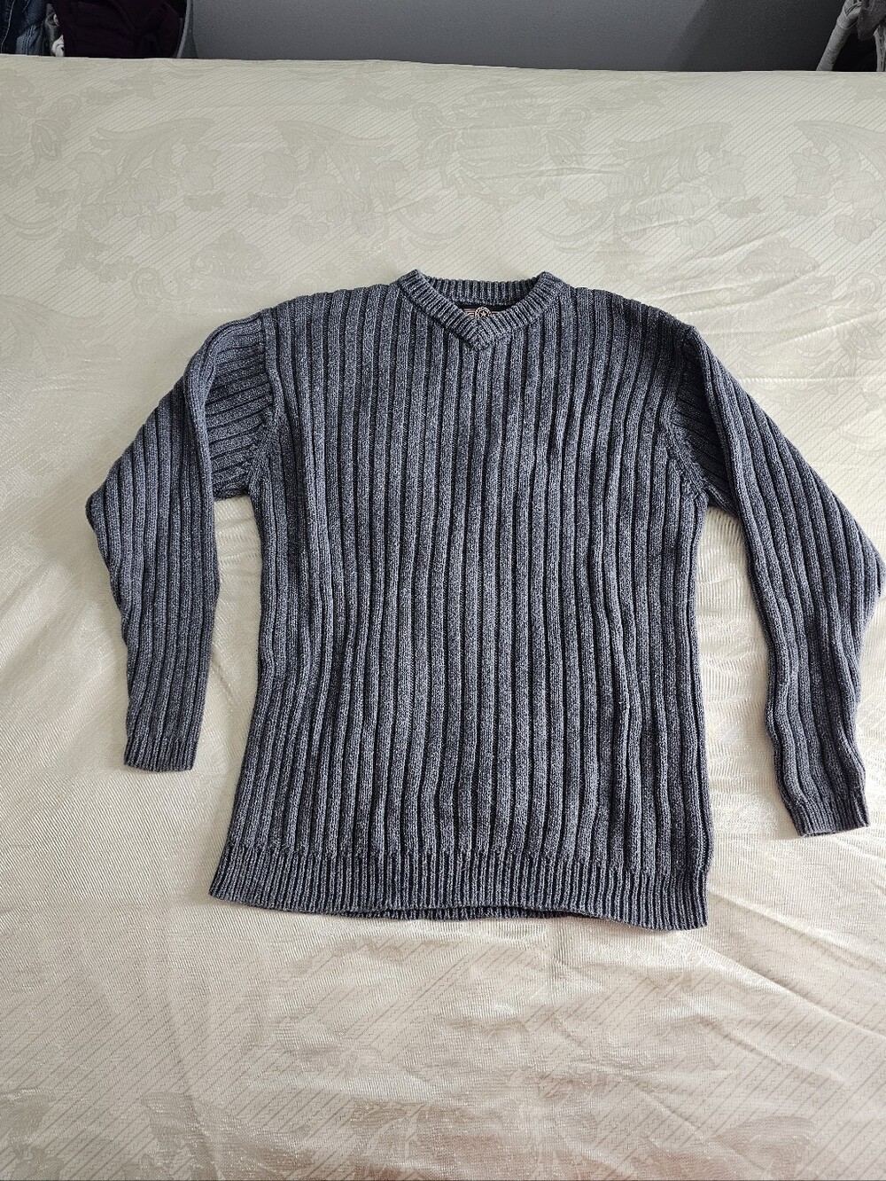 Vintage American Outpost Gray Heavy Ribbed V-Neck Knit Grandpa Sweater Size L